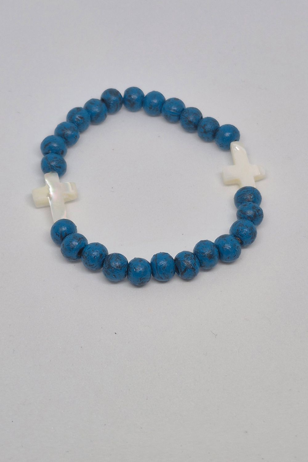 Cross Theme Stretch Bracelet – Pearly Accents &amp; Royal Blue Teal Beads