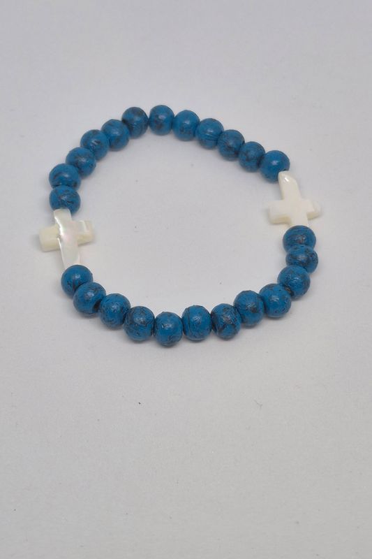 Cross Theme Stretch Bracelet – Pearly Accents &amp; Royal Blue Teal Beads
