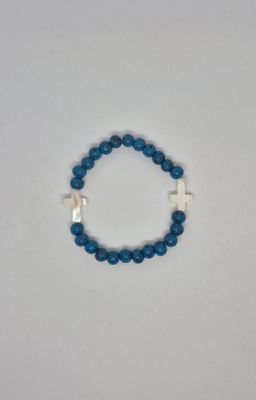 Cross Theme Stretch Bracelet – Pearly Accents &amp; Royal Blue Teal Beads