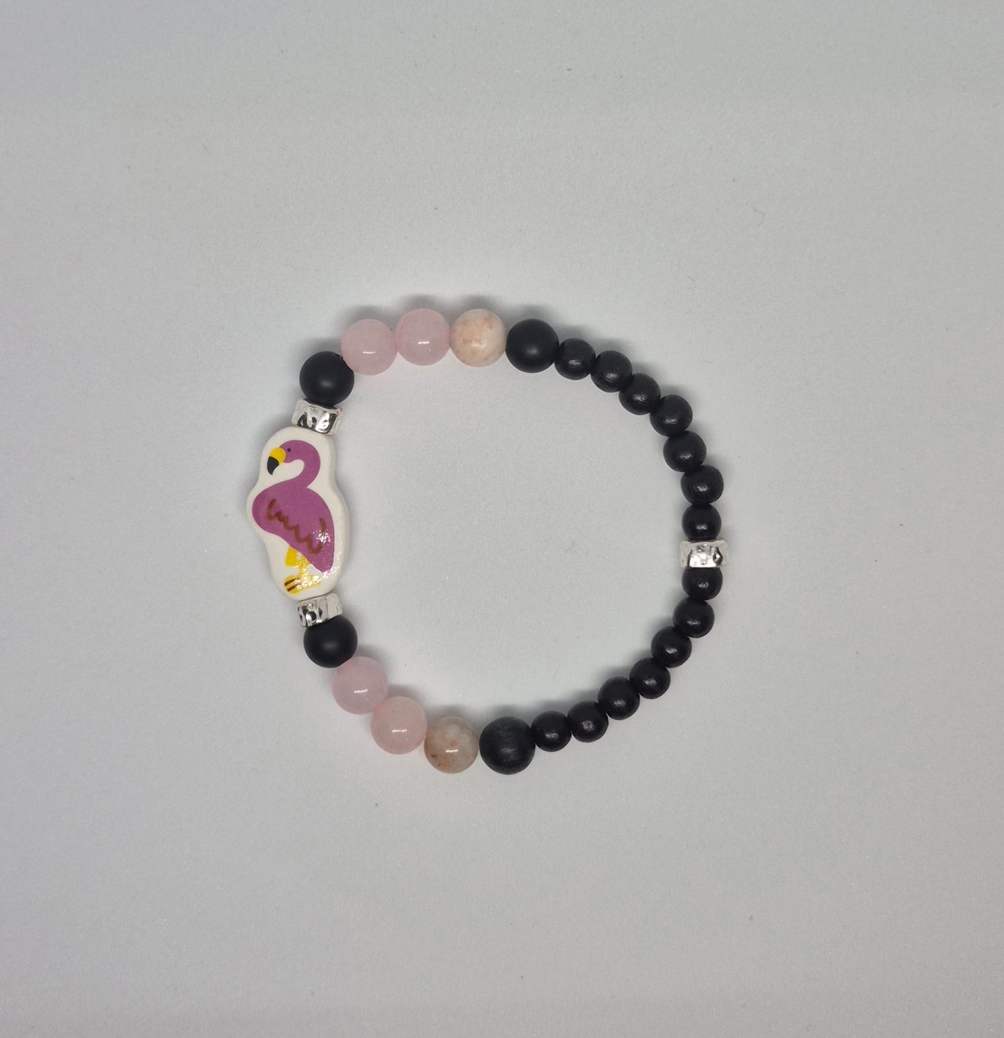 Flamingo Stretch Bracelet – Wooden, Rose Quartz &amp; Metal Beads