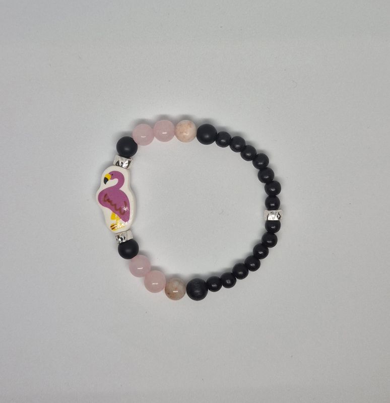 Flamingo Stretch Bracelet – Wooden, Rose Quartz &amp; Metal Beads
