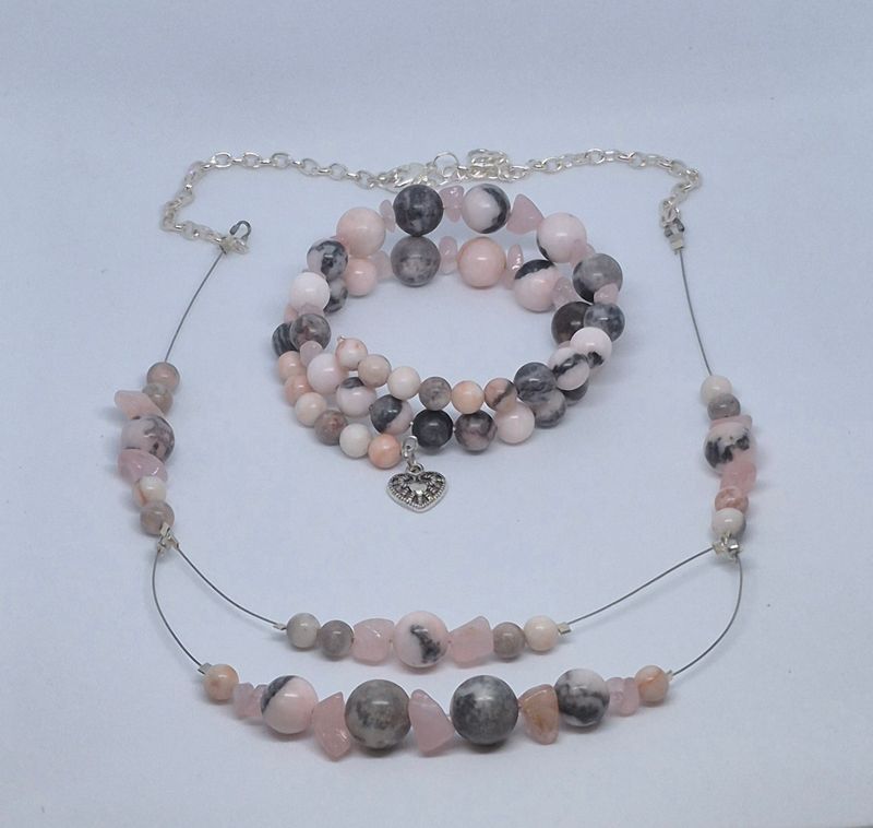 Zebra Jasper &amp; Rose Quartz Jewelry Set – Memory Wire Bracelet + Two-Tier Necklace
