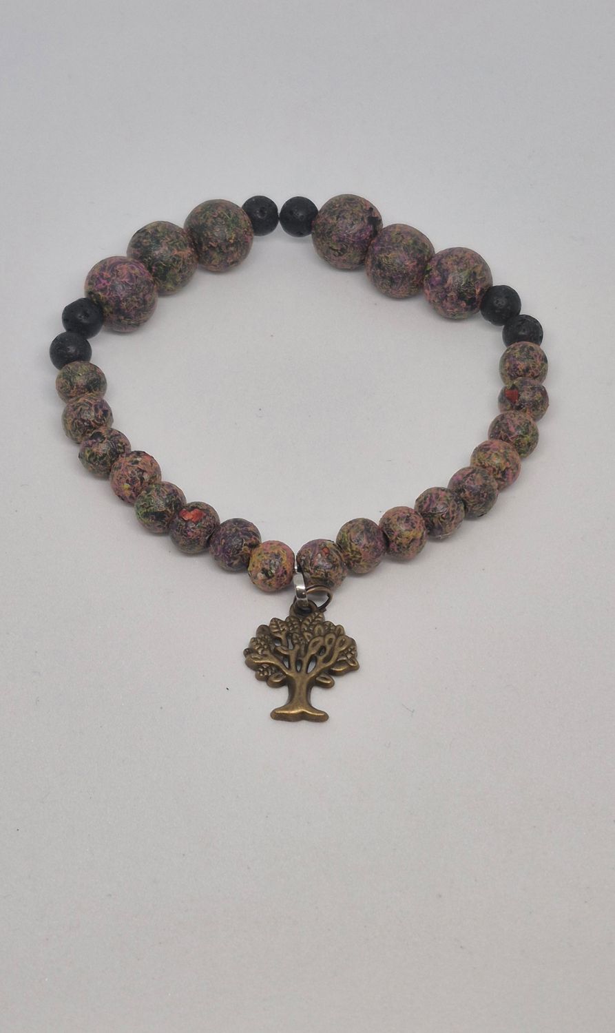 Tree Charm Stretch Bracelet – Hand-Painted Marbled Beads &amp; Bronze Accent