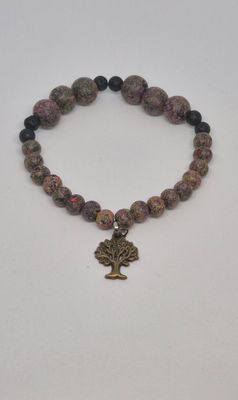 Tree Charm Stretch Bracelet – Hand-Painted Marbled Beads &amp; Bronze Accent