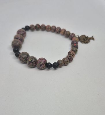Tree Charm Stretch Bracelet – Hand-Painted Marbled Beads &amp; Bronze Accent