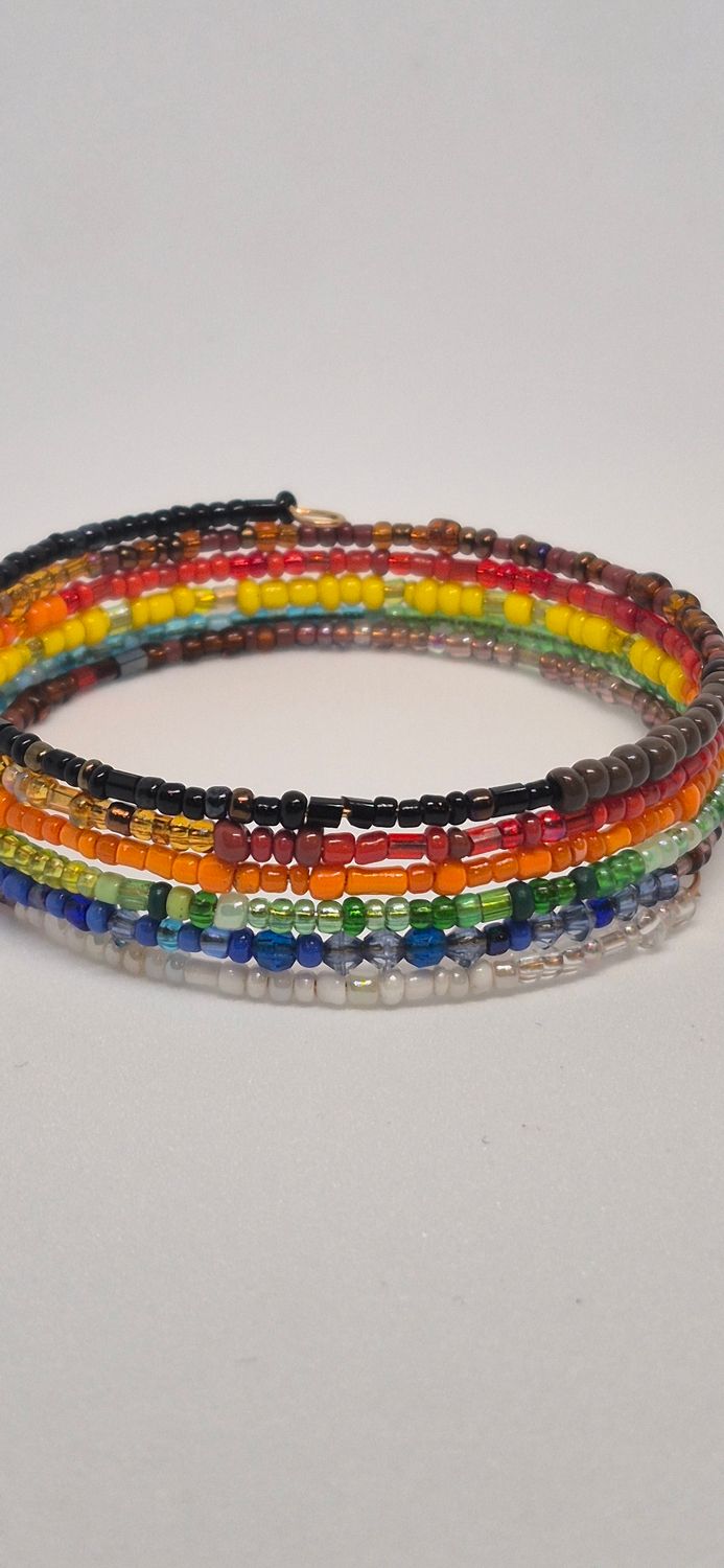 Rainbow Memory Wire Bracelet – Multicolor Beads &amp; 5–6 Wraps