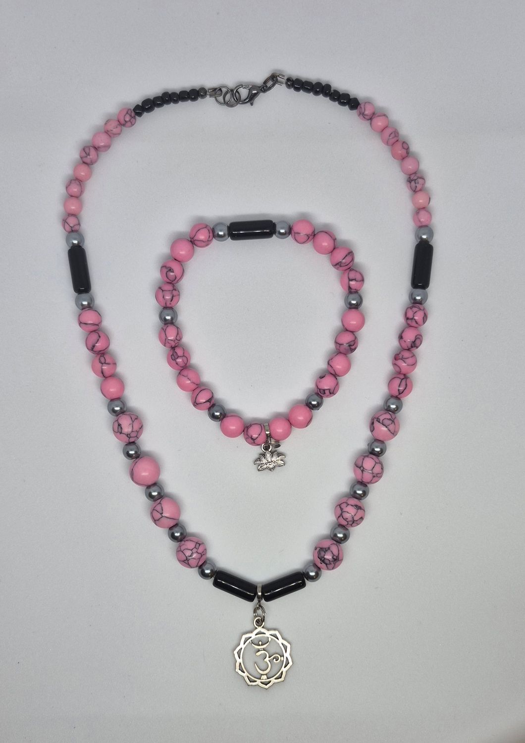 Pink Howlite Jewelry Set – Om Necklace, Lotus Bracelet &amp; Earrings