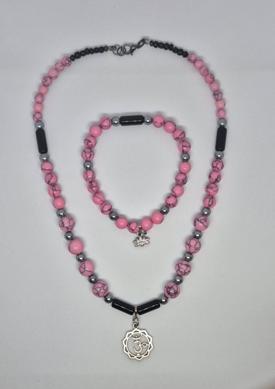 Pink Howlite Jewelry Set – Om Necklace, Lotus Bracelet &amp; Earrings