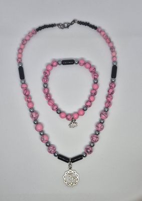 Pink Howlite Jewelry Set – Om Necklace, Lotus Bracelet &amp; Earrings