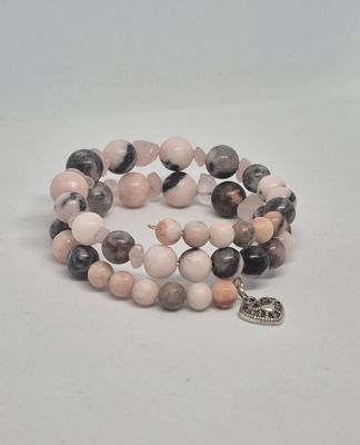 Zebra Jasper &amp; Rose Quartz Jewelry Set – Memory Wire Bracelet + Two-Tier Necklace