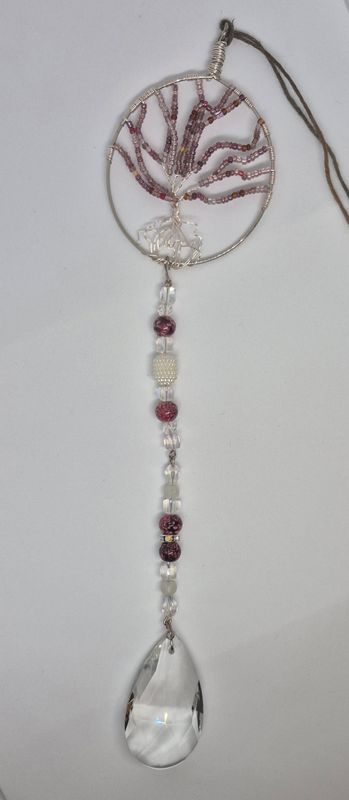 Tree of Life Suncatcher – Violet Bead Pendant &amp; Quartz Crystal Drop