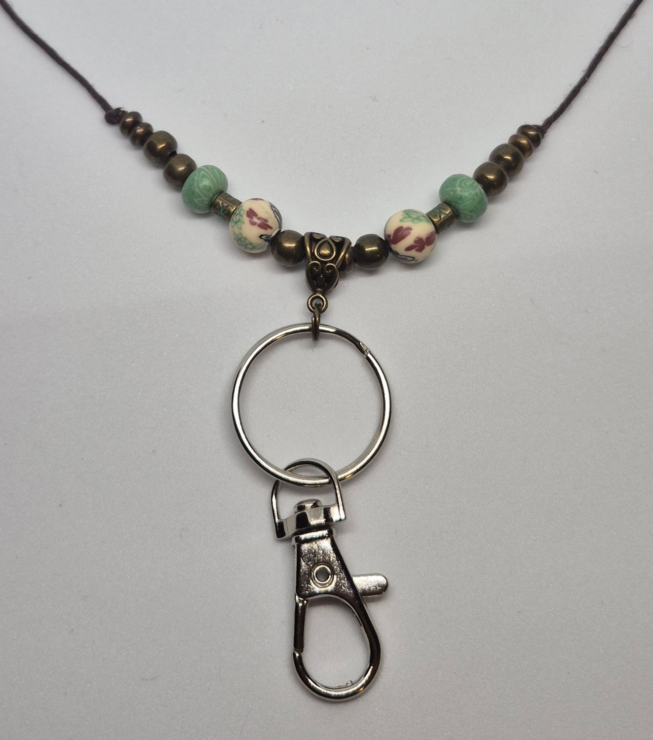Adjustable Hemp Lanyard – Clay Beads in Green &amp; Teal with Keyring &amp; Clasp