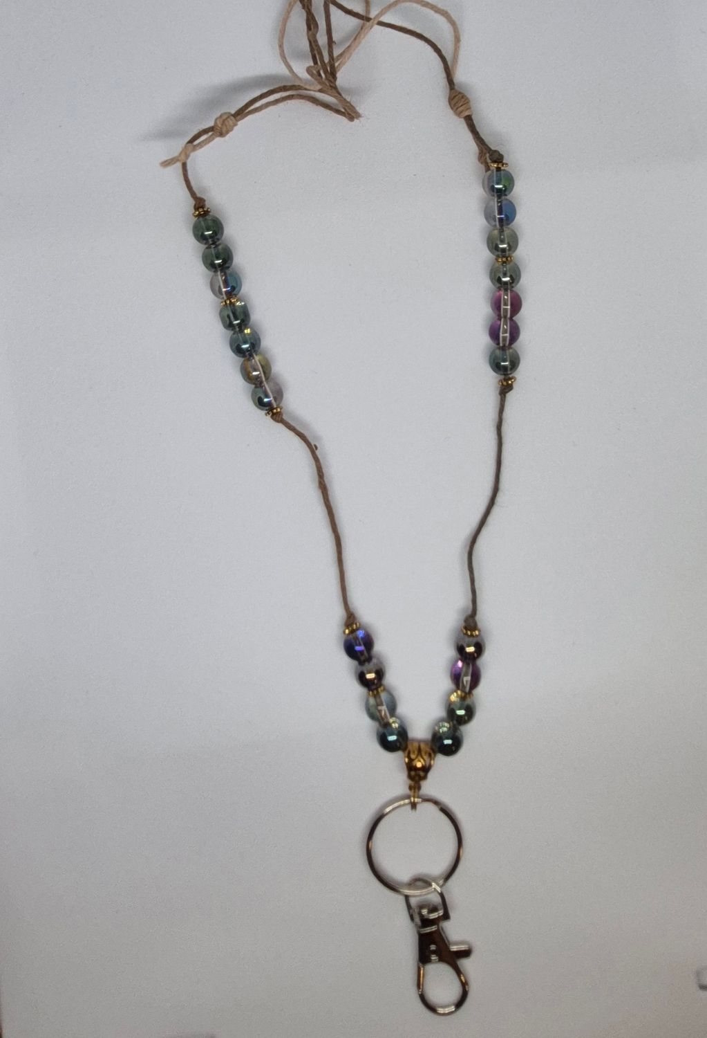 Rainbow Marble Glass Bead Hemp Lanyard – Adjustable with Keyring &amp; Clasp