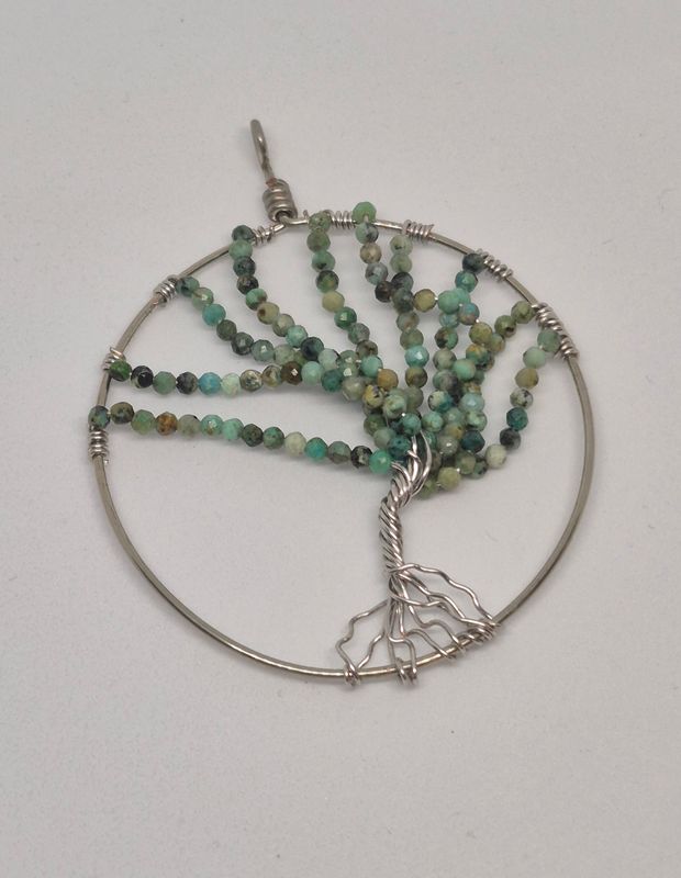 African Turquoise Tree of Life Pendant – Silver Ring &amp; Snake Chain