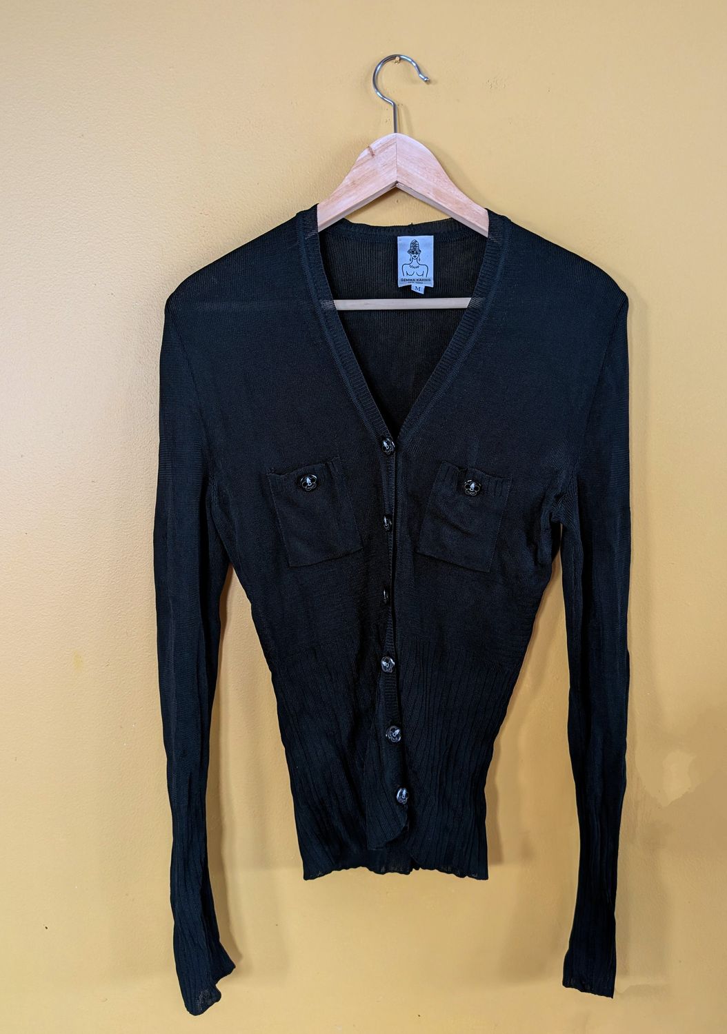 GEMMA KAHNG Viscose Knit Black Logo Button Cardigan M
