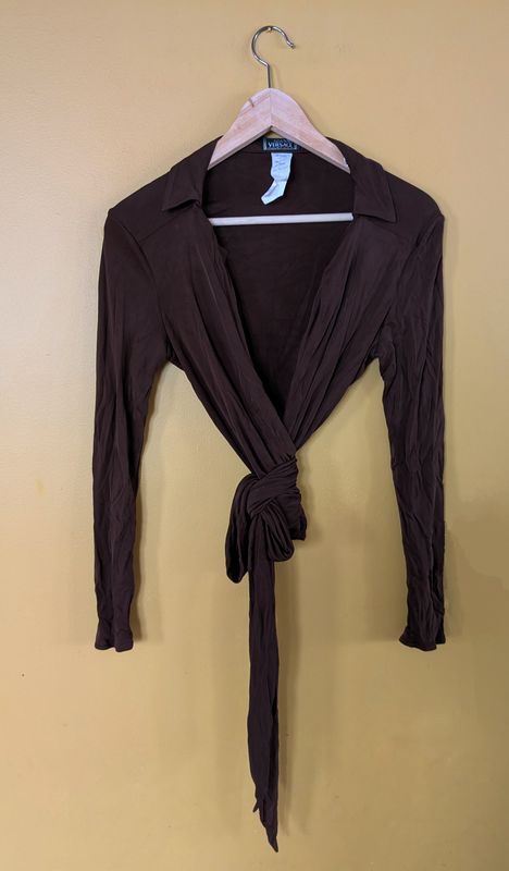 VERSACE Early 90&#39;s Brown Viscose Knit Wrap Top M