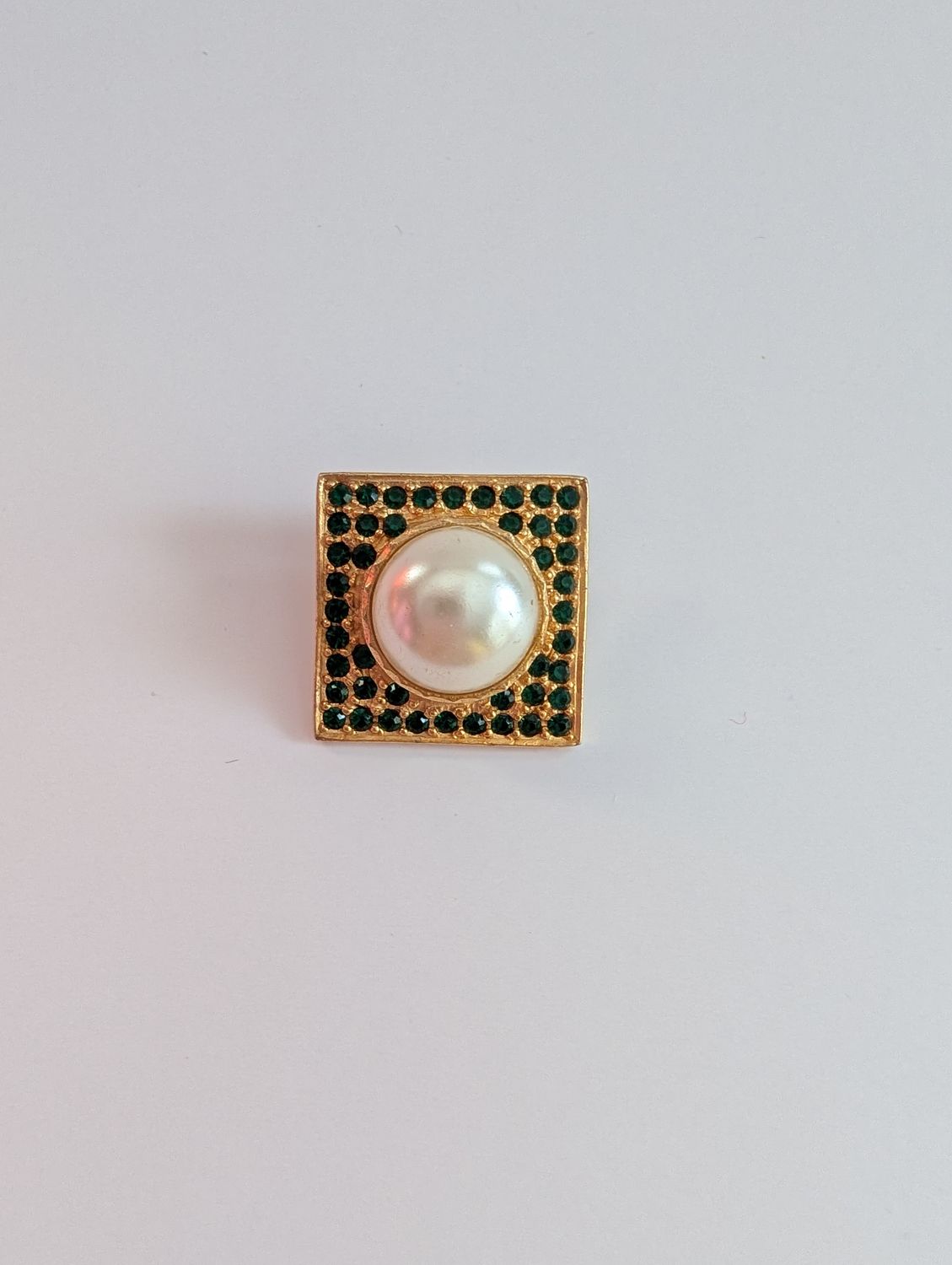 YSL Vintage Single Earring Gold Square/Green Crystals/Pearl