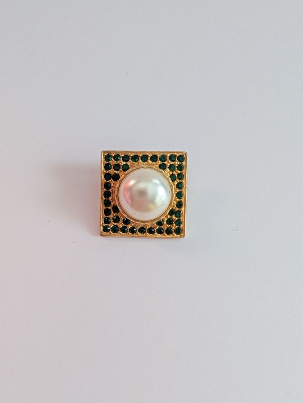 YSL Vintage Single Earring Gold Square/Green Crystals/Pearl