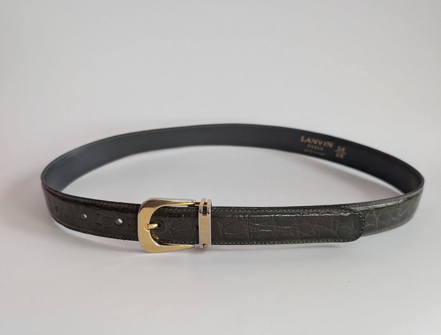 LANVIN Olive Green Alligator Embossed Belt SZ 34