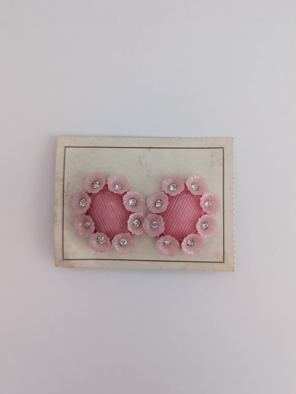 UNBRANDED 1960s Deadstock Carded Pink Plastic w. Rhinestones Clip On Earrings
