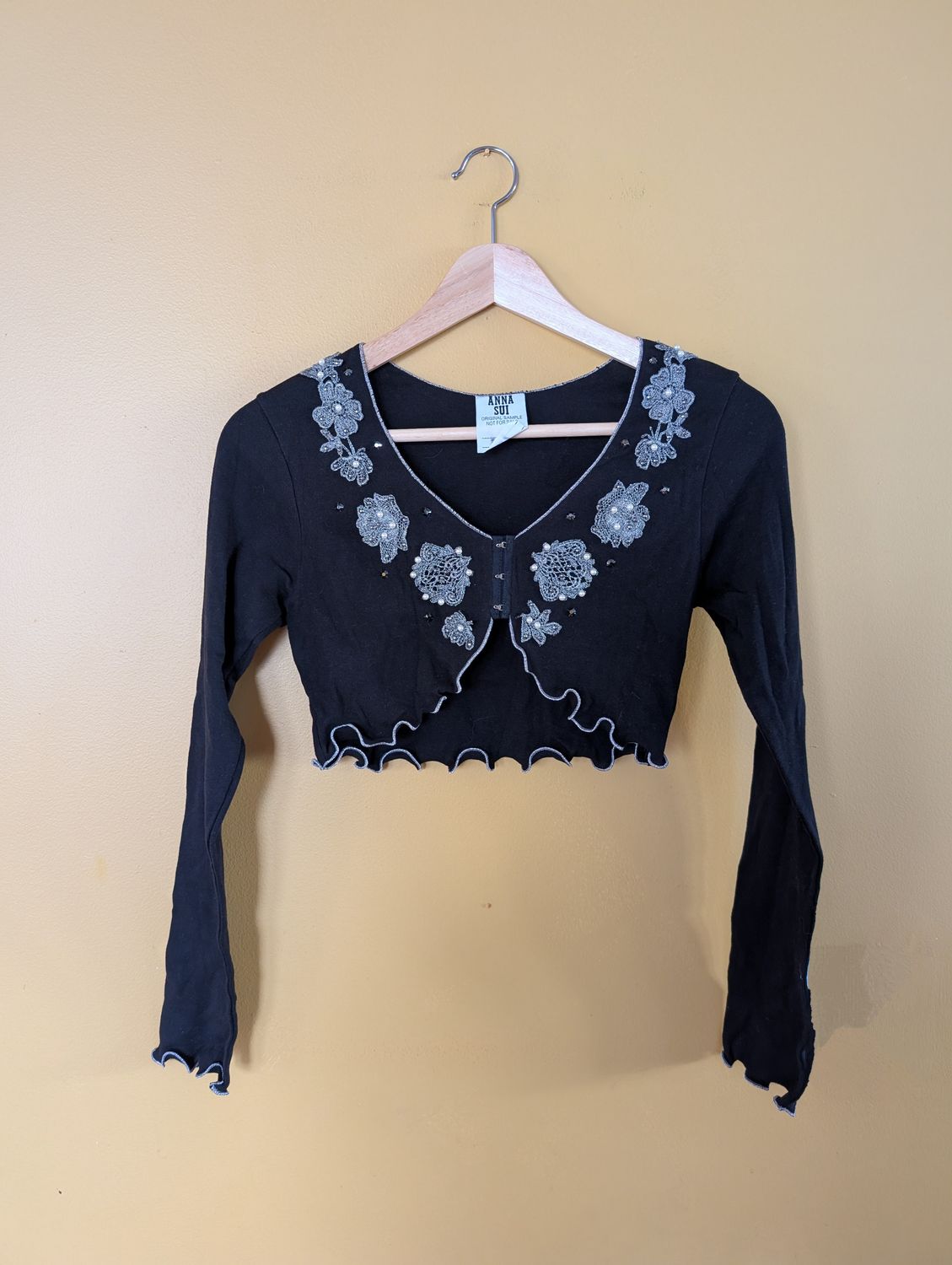 ANNA SUI 1990s Sample Black Long Sleeve Crop Top SZ XS