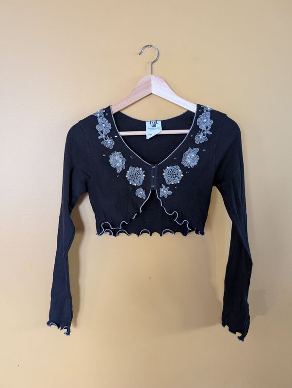 ANNA SUI 1990s Sample Black Long Sleeve Crop Top SZ XS