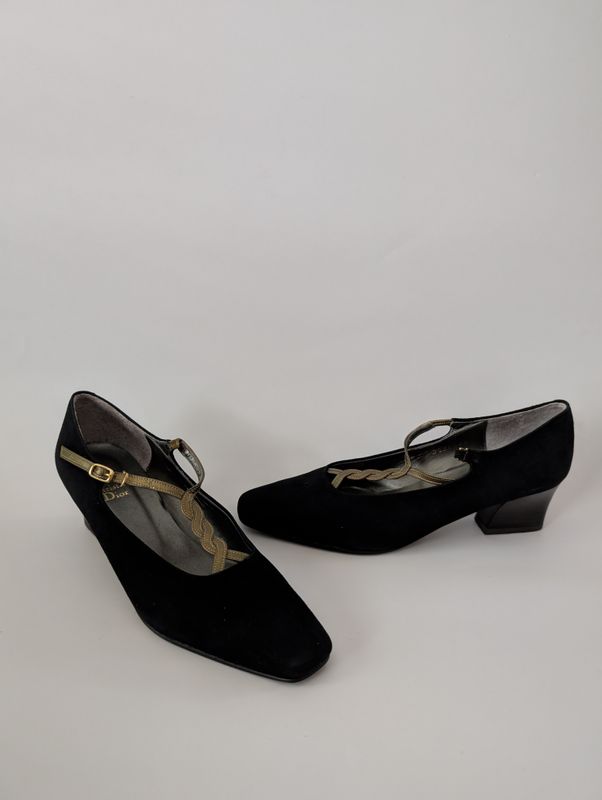 DIOR T-Strap Black Suede Low Heeled Pumps SZ 5