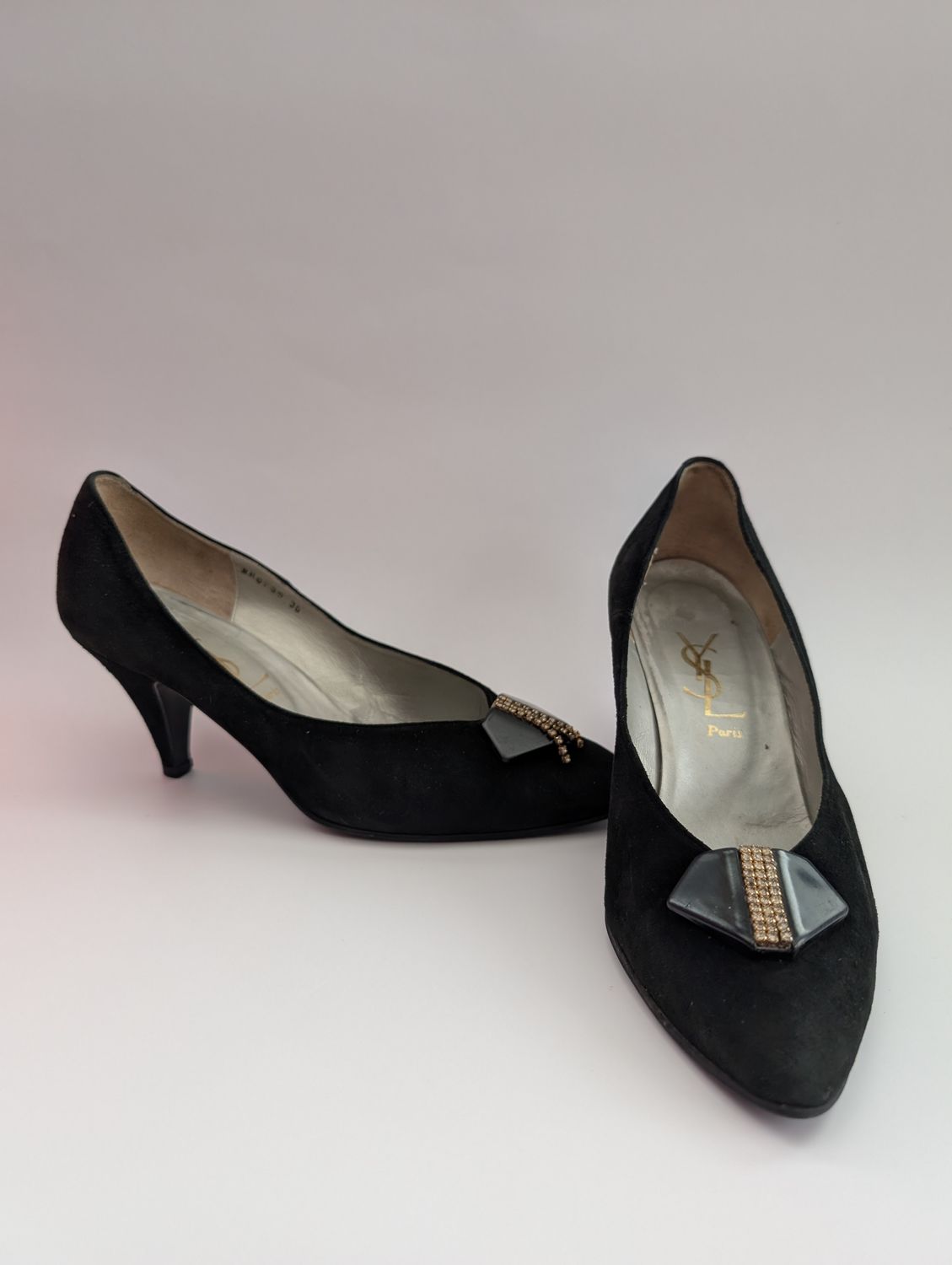 YSL 1980&#39;s Black Suede Pumps with Rhinestone Detail Sz 5.5
