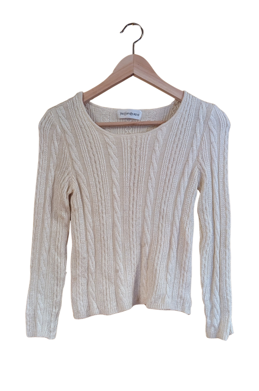 YSL Buttercream Wide Neck Long Sleeve Cable Knit Sweater Size M