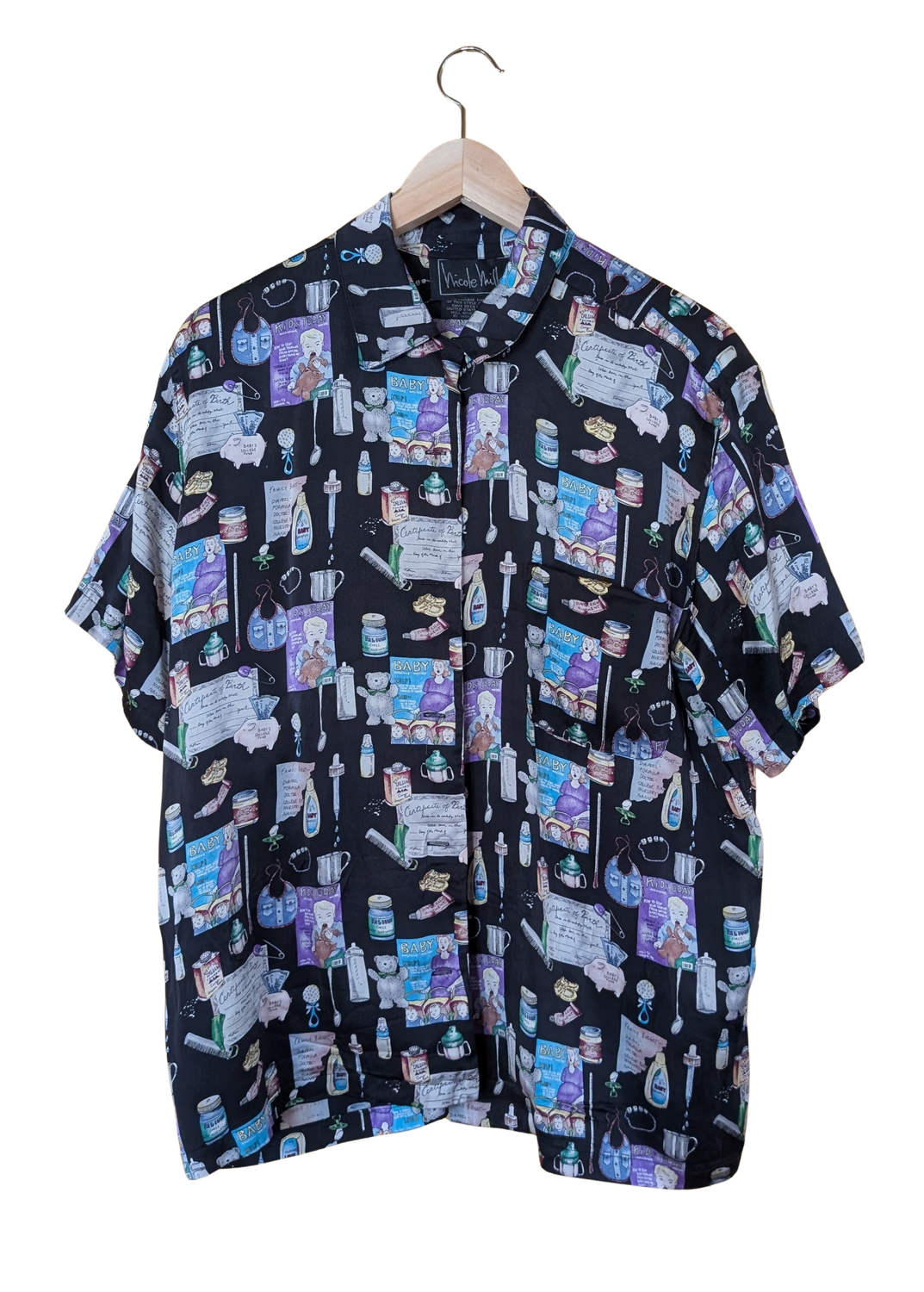 NICOLE MILLER 1995 Pharmacy Print  Button-Up Camp Shirt Sz L