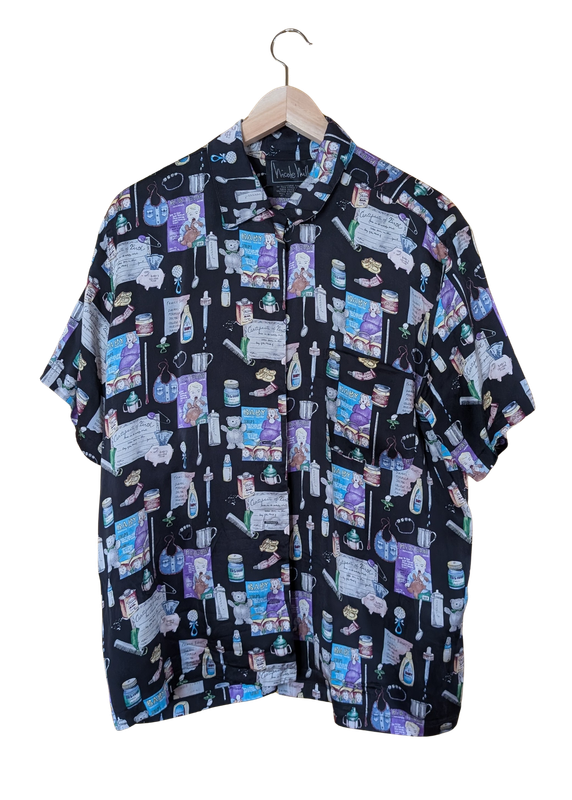 NICOLE MILLER 1995 Pharmacy Print  Button-Up Camp Shirt Sz L