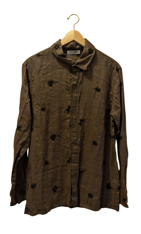 GIANFRANCO FERRE Early 90&#39;s Brown Linen Black Embroidered Shirt Size L