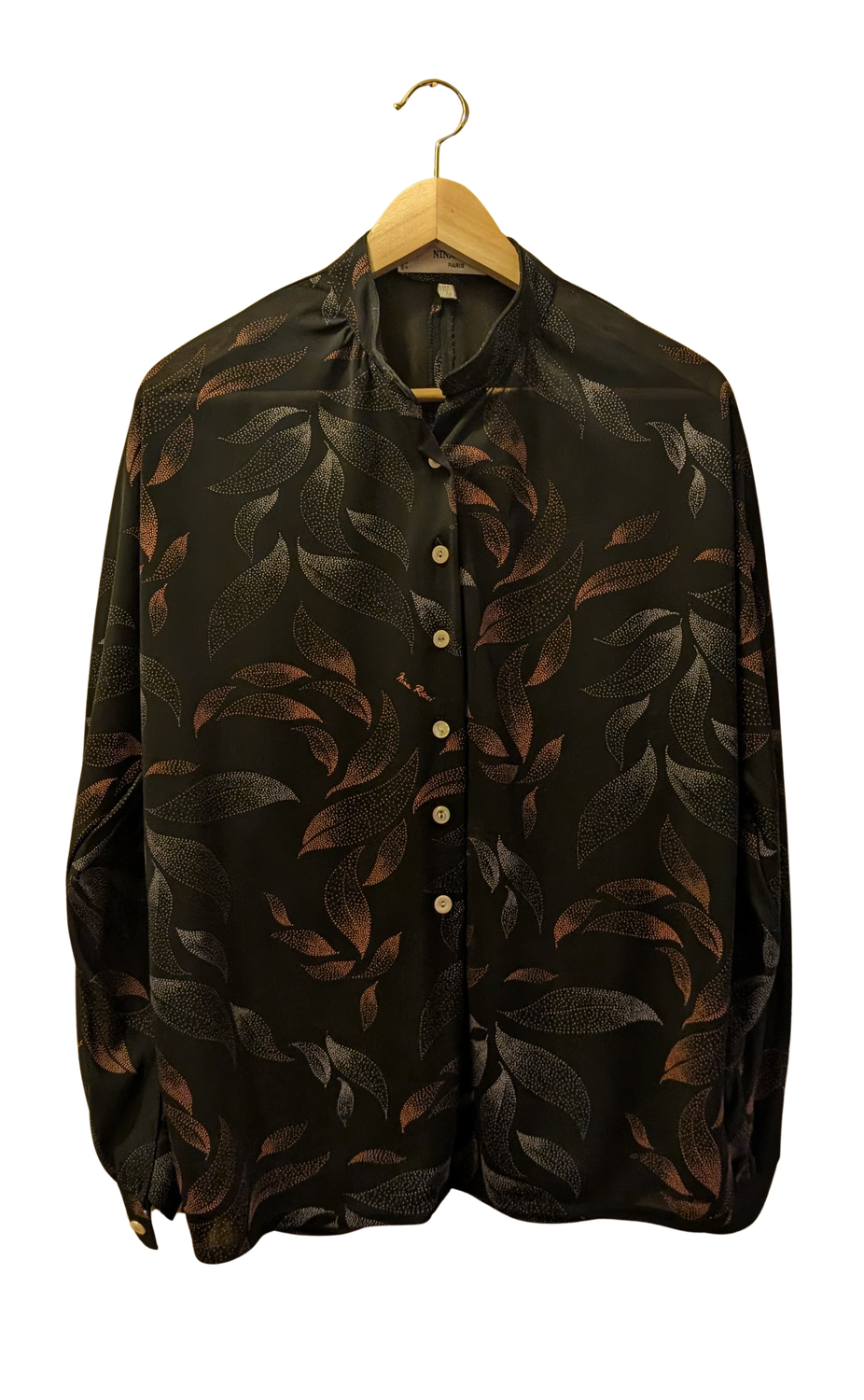 NINA RICCI 1970&#39;s Navy Silk GGT Dolman Sleeve Leaf Print Blouse Sz M/L