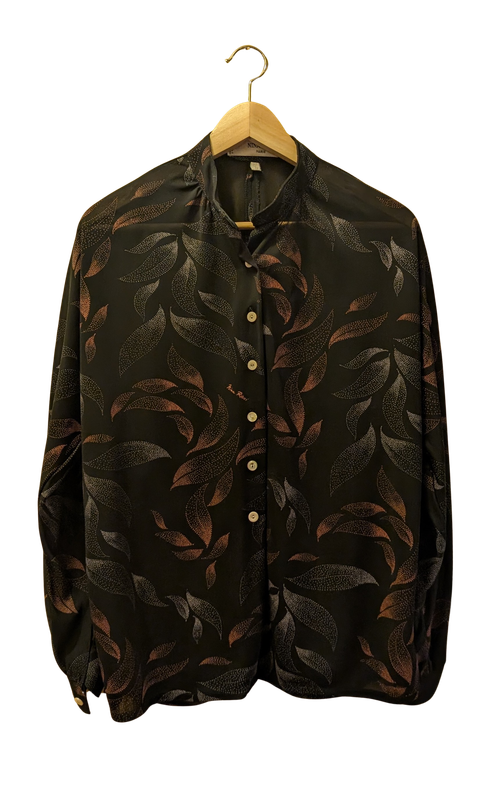 NINA RICCI 1970&#39;s Navy Silk GGT Dolman Sleeve Leaf Print Blouse Sz M/L