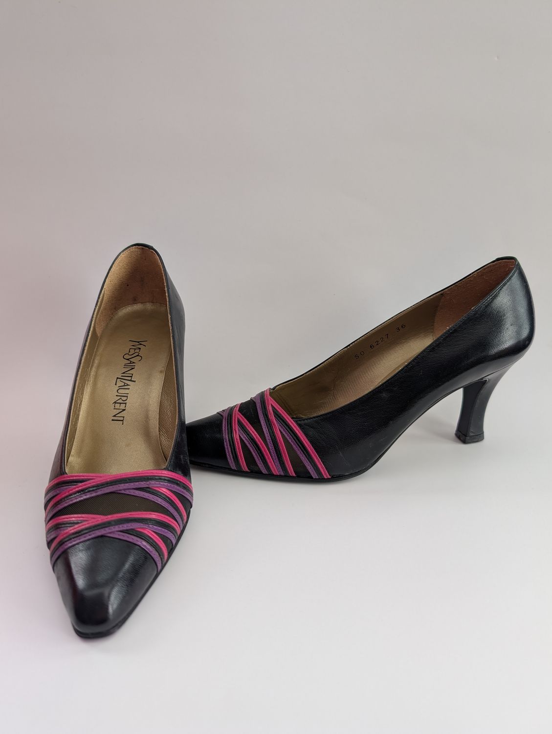 YSL 1980s Black Leather Pumps with Hot pink/Purple Trim SZ 36