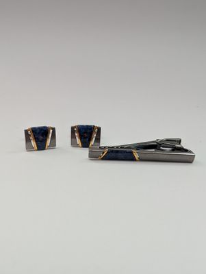 PIERRE BALMAIN Signed Cufflink/Tie Clip Set (GUNMETAL/LAPIS STONE)