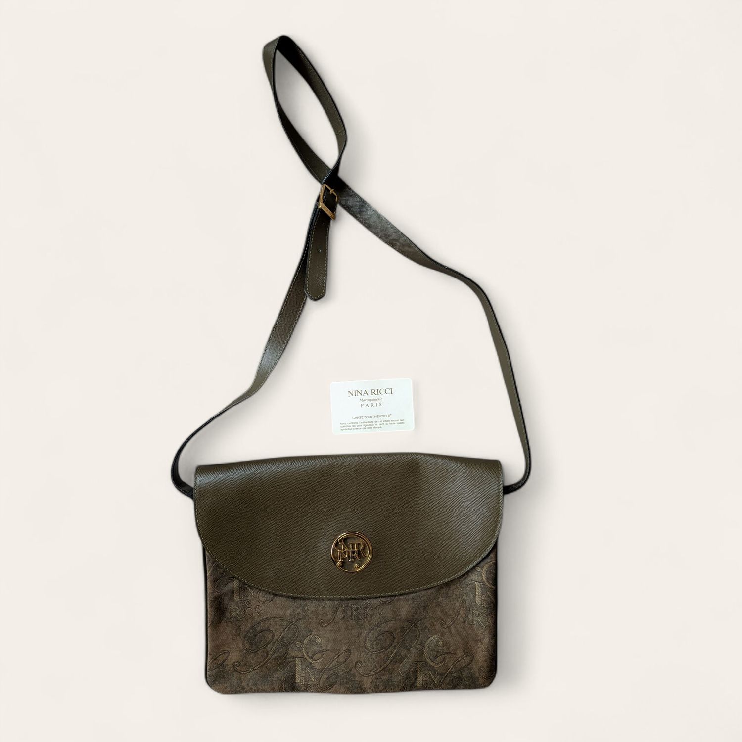 NINA RICCI Dark Olive Logo Jacquard Flap Shoulder Bag