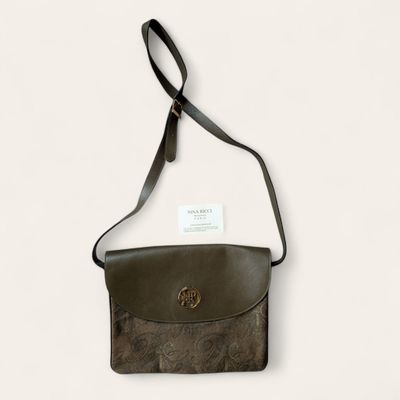 NINA RICCI Dark Olive Logo Jacquard Flap Shoulder Bag