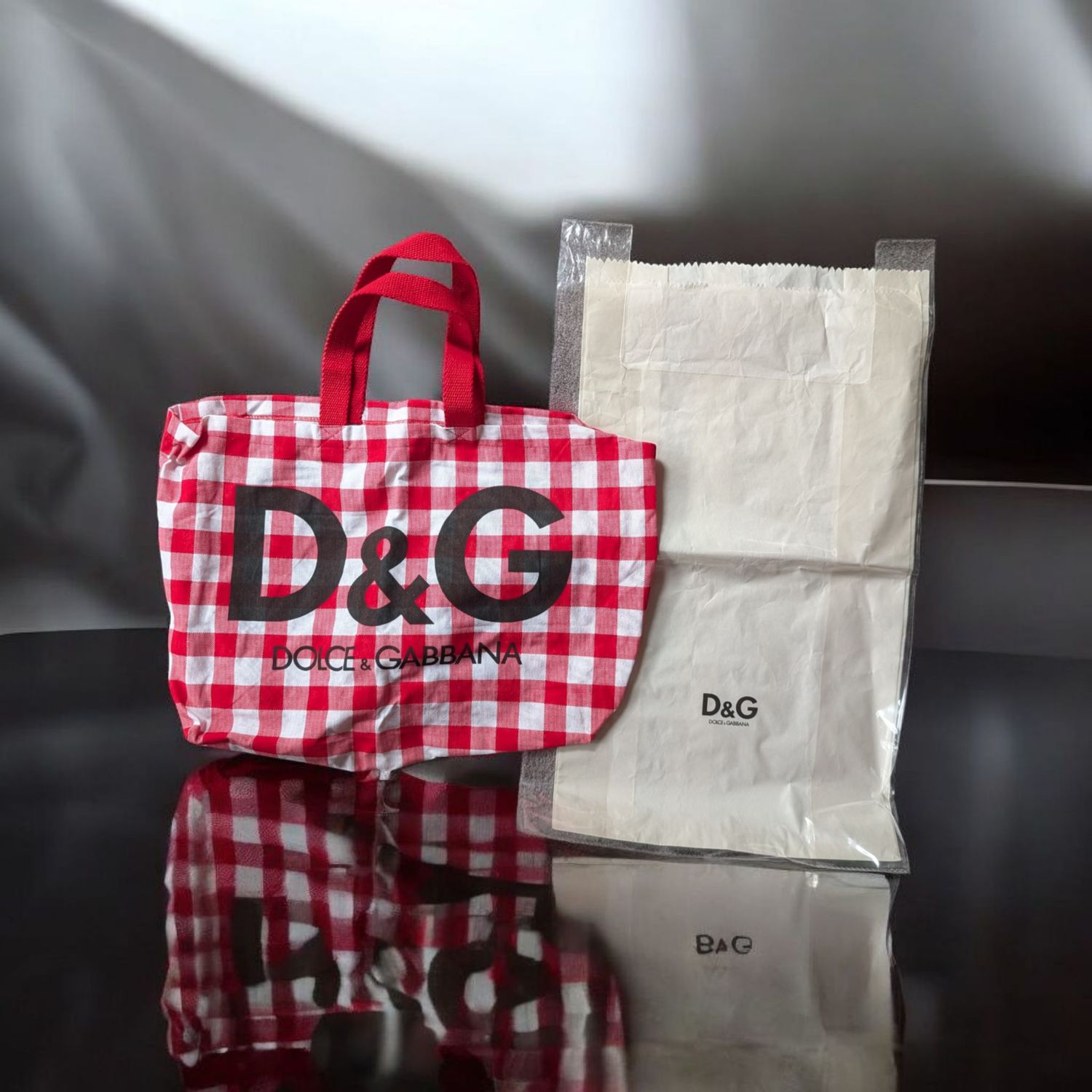 D&amp;G Deadstock Red/White Plaid Cotton Tote with ClearOriginal Shopping Bag