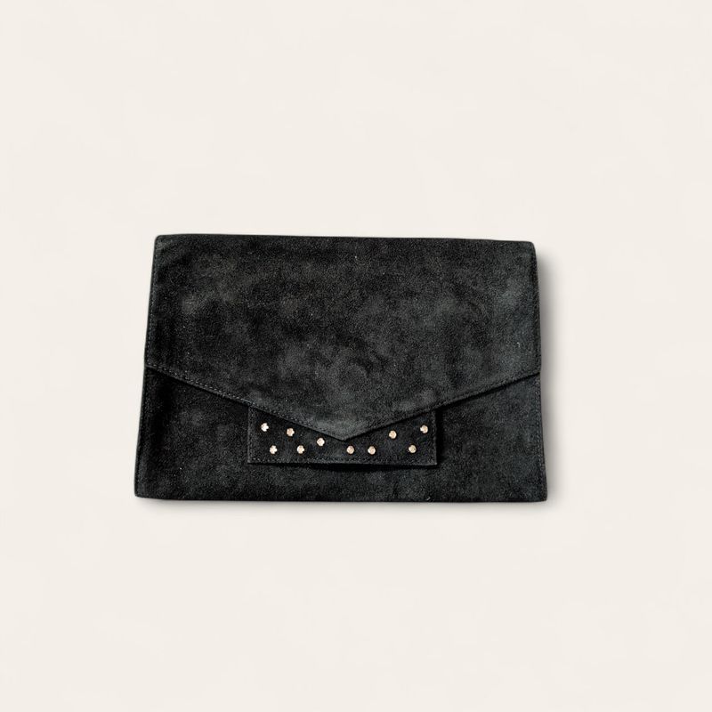 SONIA RYKIEL Large Black Suede/Rhinestone Clutch with Original Box