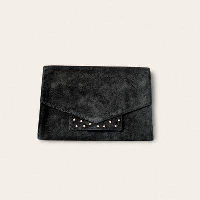 SONIA RYKIEL Large Black Suede/Rhinestone Clutch with Original Box