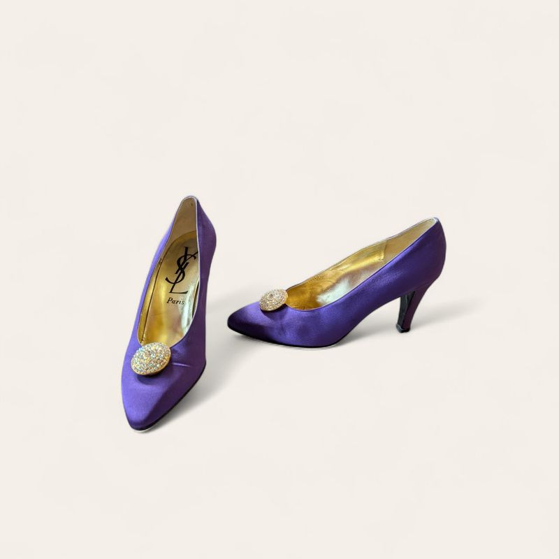 YSL Purple Satin Pumps with Circular Trim 8M
