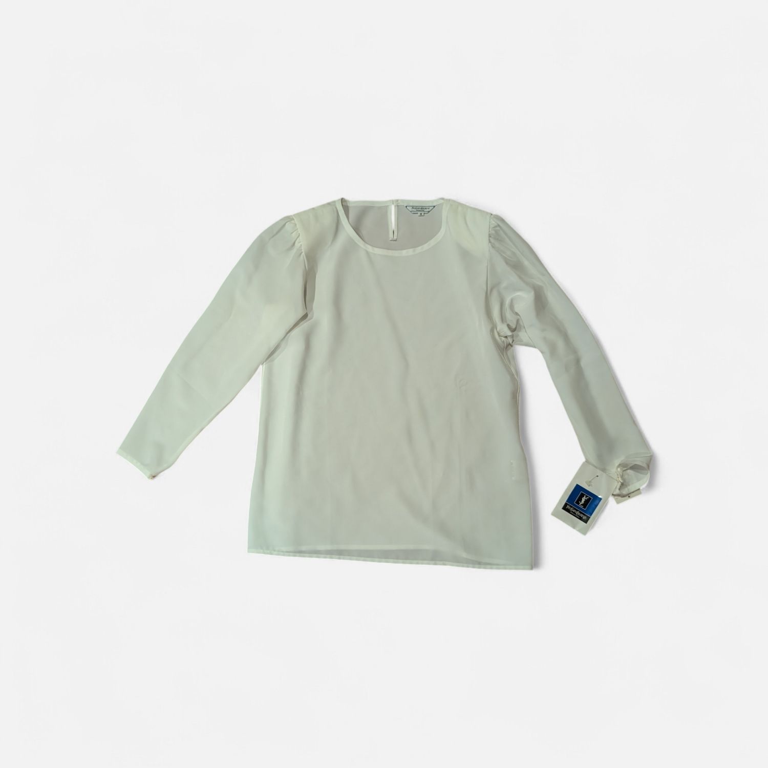 YSL CHEMISES Deadstock Sheer White Shoulder Padded Long Sleeve Top SZ M