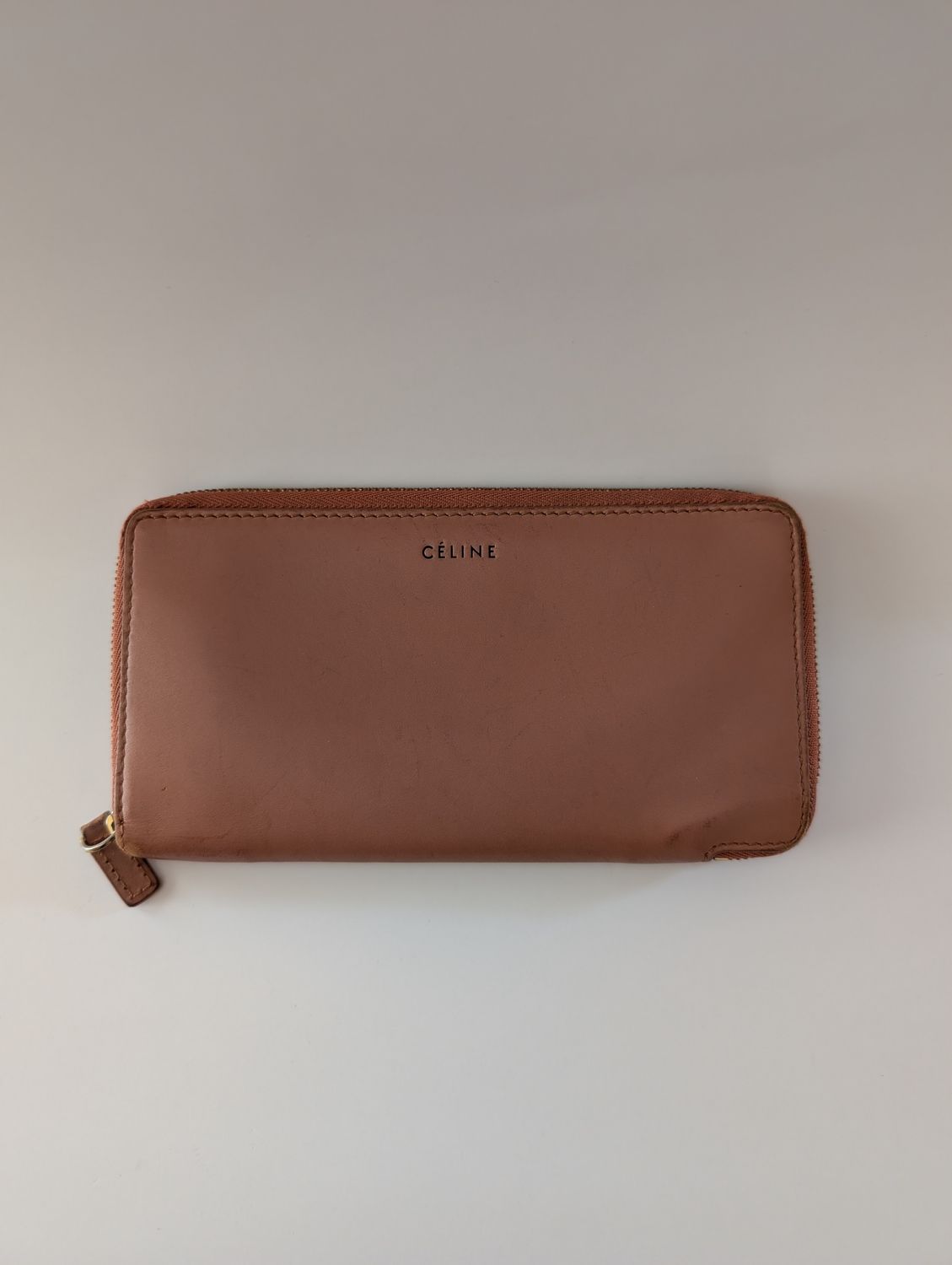 CELINE Terra Cotta Leather Zip Around Wallet