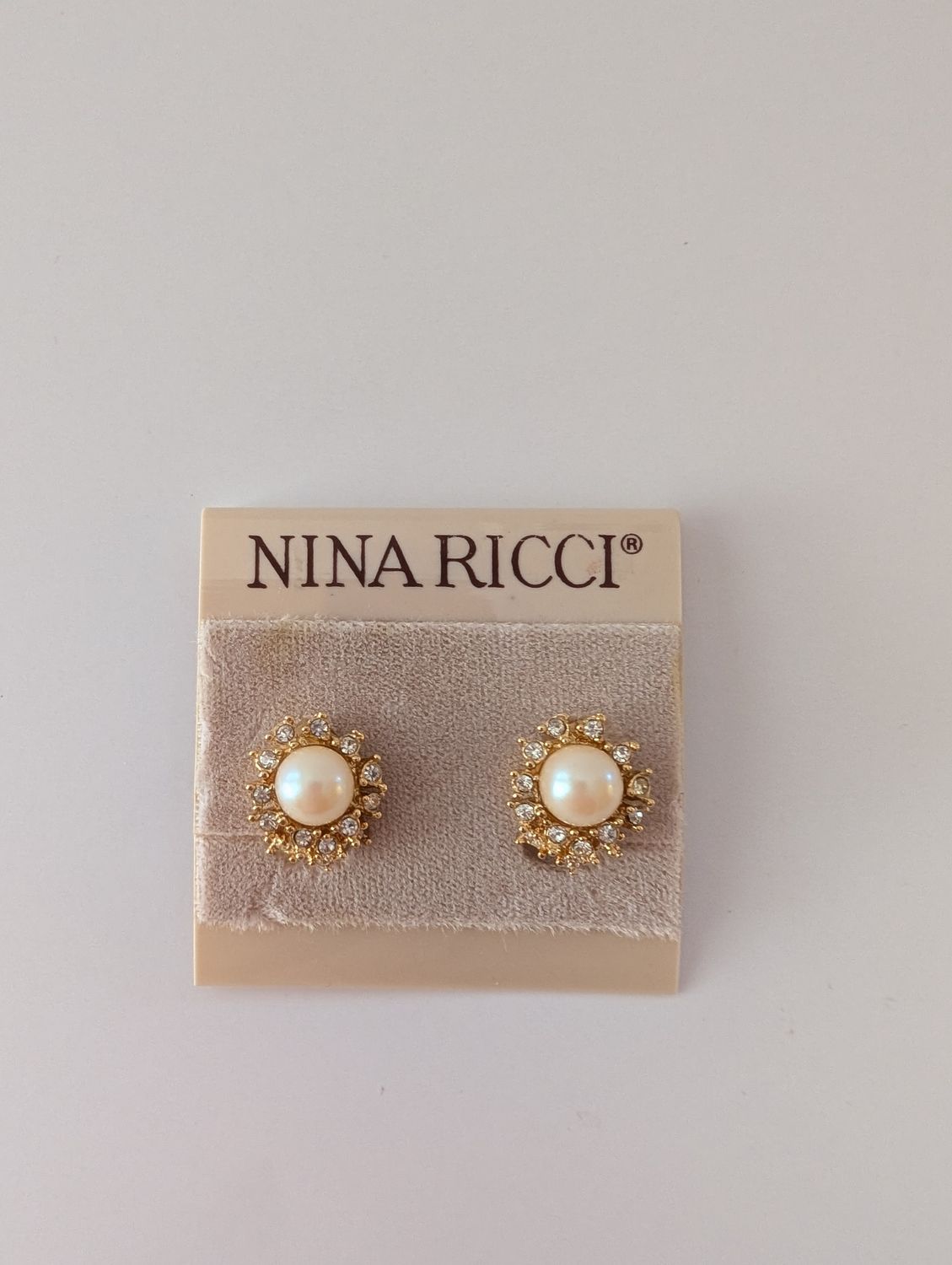 NINA RICCI Deadstock 1980s Clip On Crystal/Pearl Stud Earrings