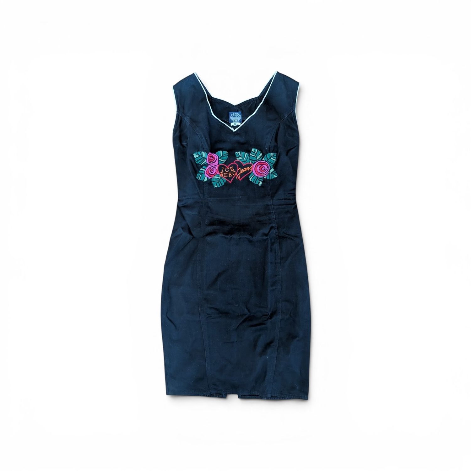 ICEBERG 90s Black Twill Rose V-Neck Embroidered Dress SZ 42
