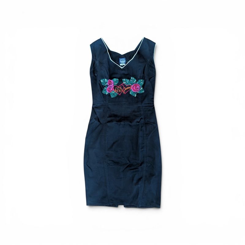 ICEBERG 90s Black Twill Rose V-Neck Embroidered Dress SZ 42