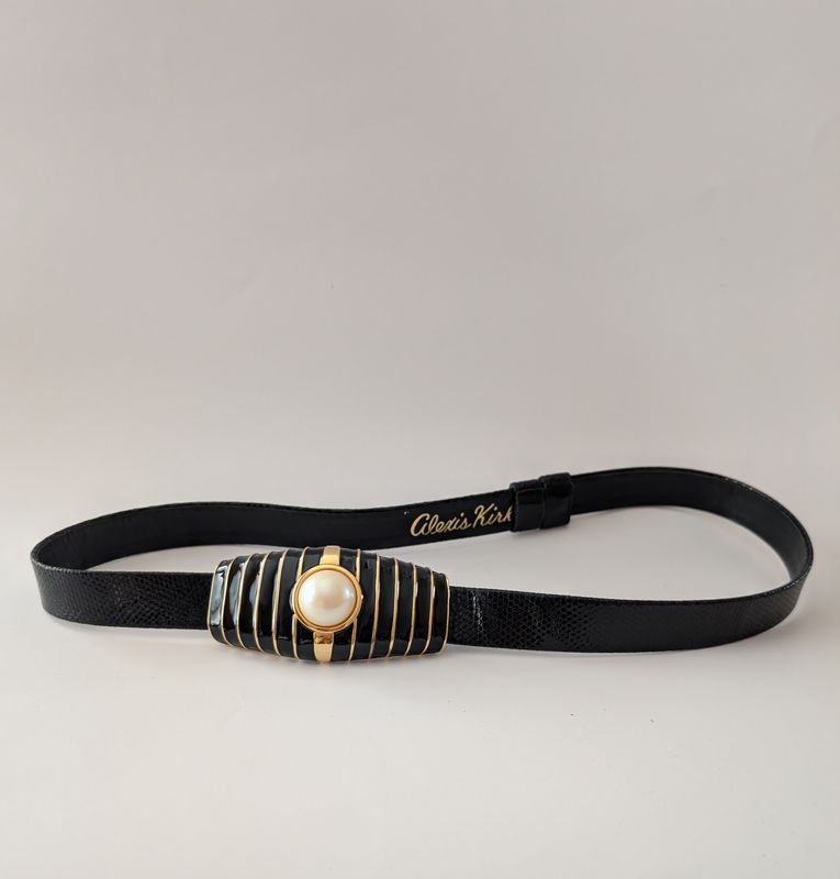 ALEXIS KIRK 1980s Black Lizard Embossed Slide Bar Belt