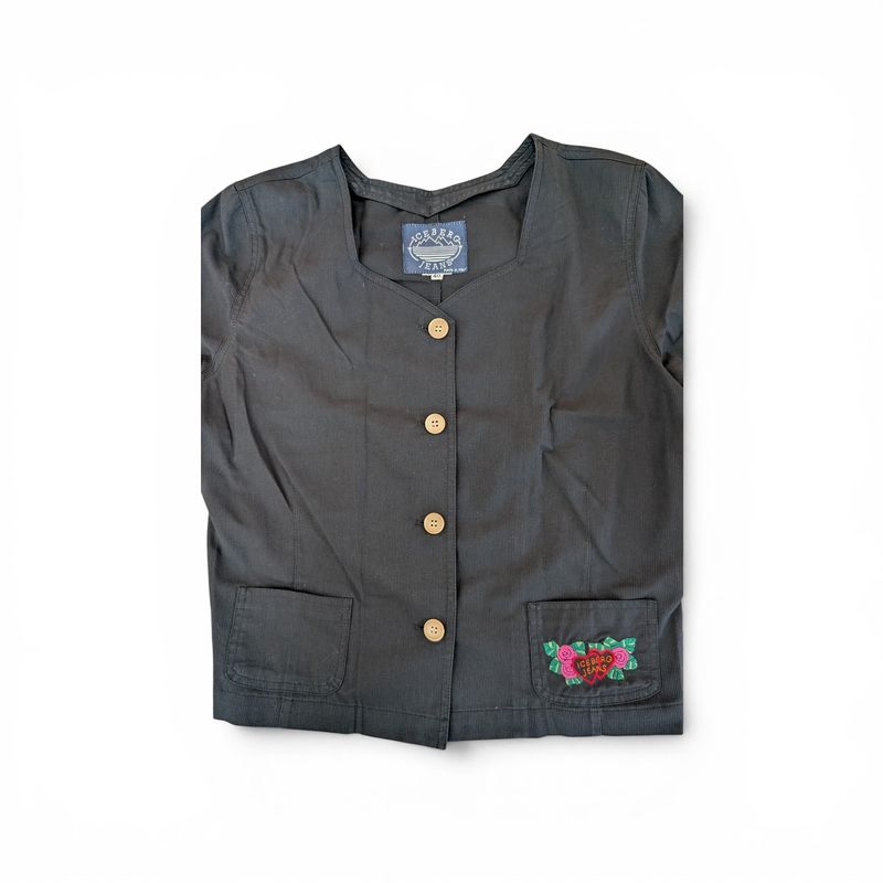 ICEBERG 90s Black Corduroy Long Sleeve Rose Embroidered Top SZ 40