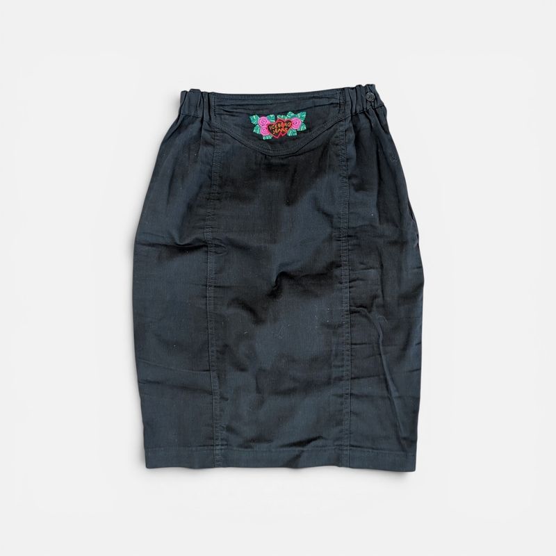 ICEBERG JEANS 90s Black Corduroy Back Elastic Rose Embroidery Skirt SZ 42